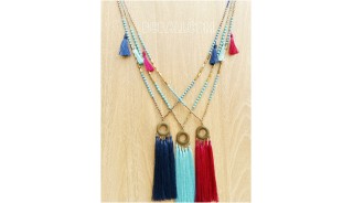 three color tassels necklace pendant gold caps beads